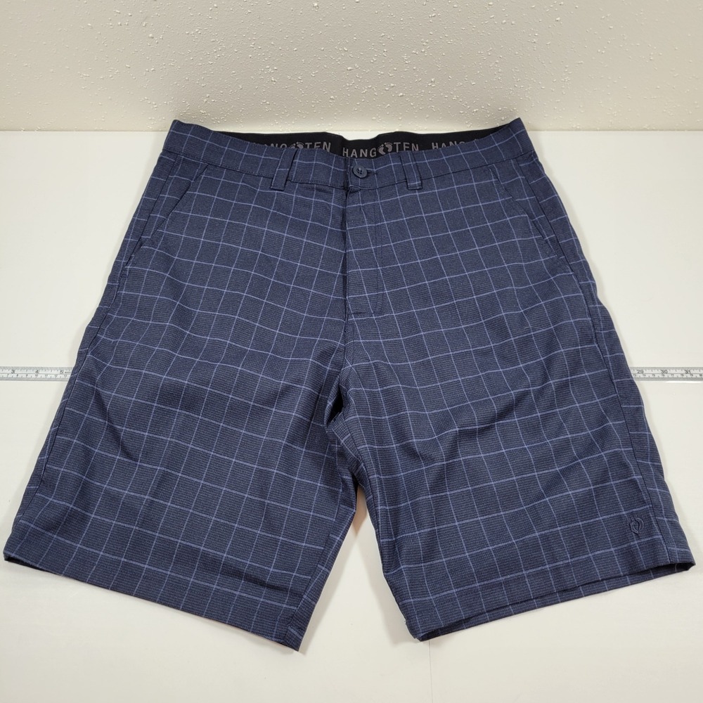 Hang Ten Hybrid Shorts Men 34 Blue Excellent Windowpane Plaid Stretch Flat Front